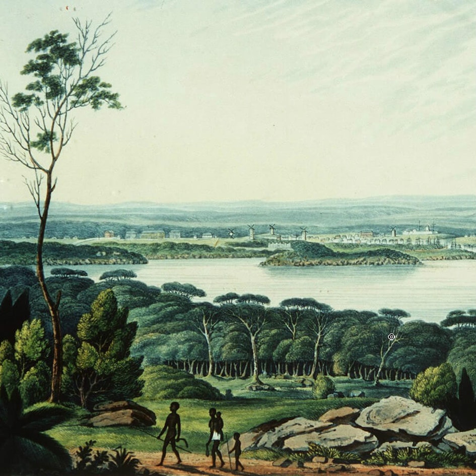 View of Sydney Cove, New South Wales, from an original picture in the possession of Isaac Clementson Esqr., 1802 / drawn by E. Dayes from a picture painted at the colony, engraved by F. Jukes (State Library of NSW - V1/1802/1)