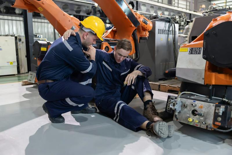 two workers, one injured, on a factory floor