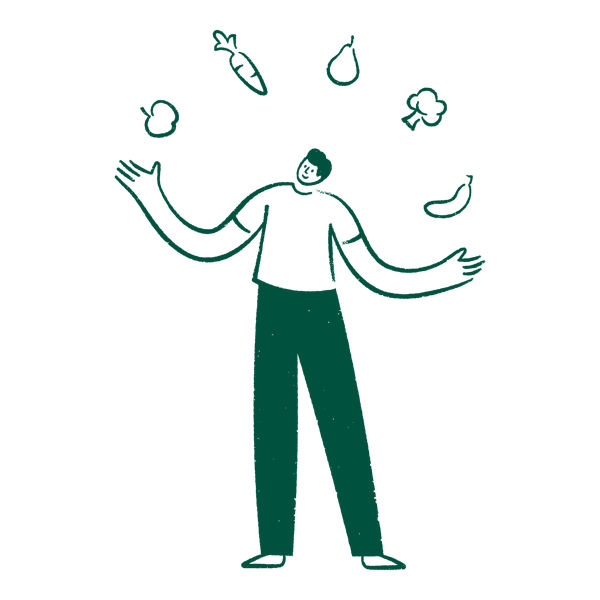 Illustration of a man juggling fruits and food