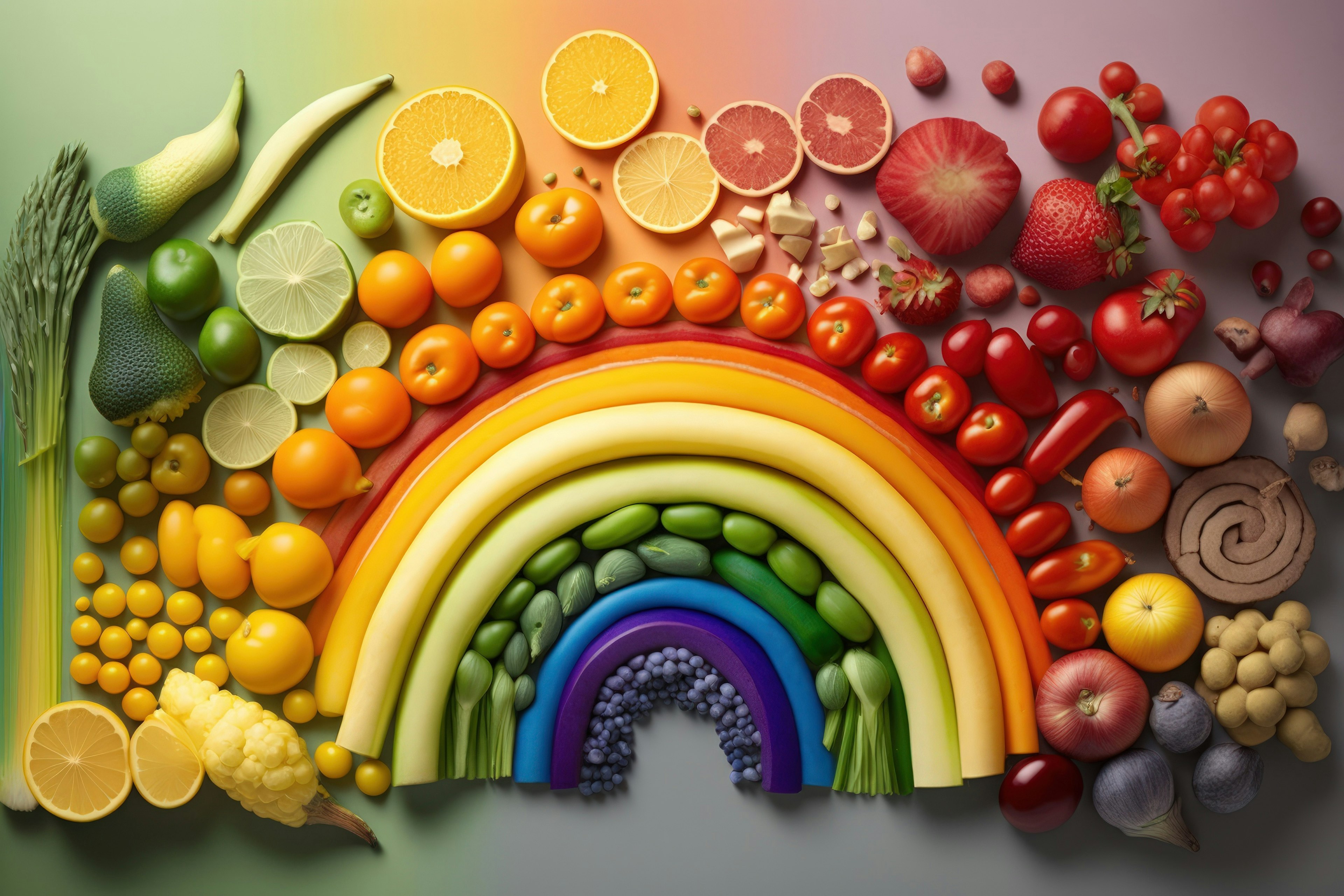 Healthy Veggies and fruits aligned in rainbow color and shape