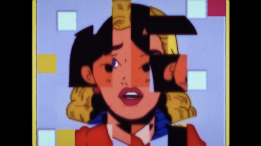 Square tiles of two people's faces layered on each other. One person has yellow hair and pink skin, the other has black hair and red skin.