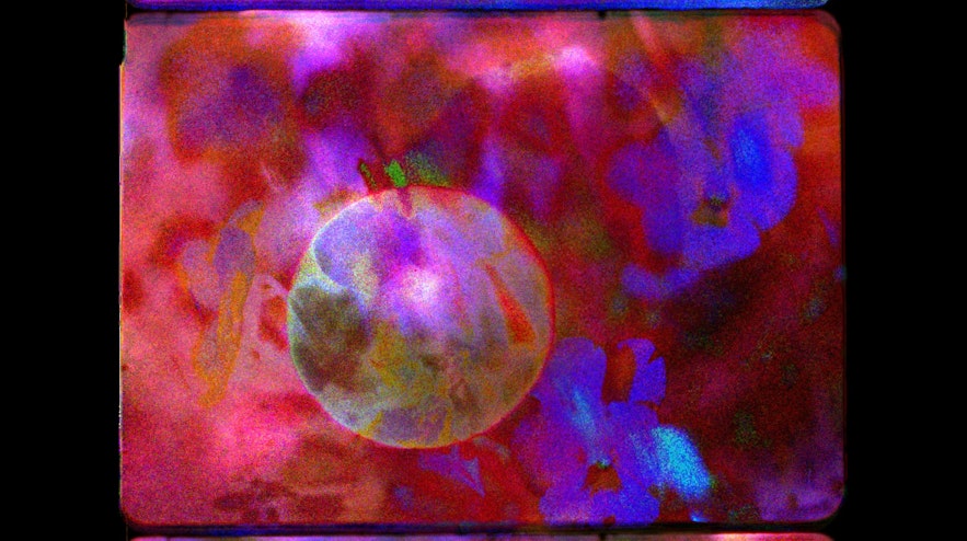 Abstract layers of violet flowers, deep red and a glowing circle in the middle.
