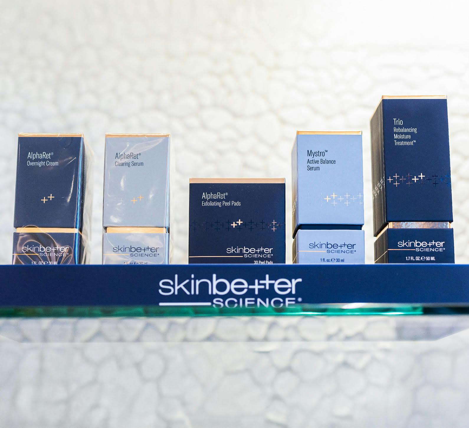 Skincare products on shelf at medical spa