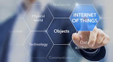 Man pointing to image with words "the internet of things"