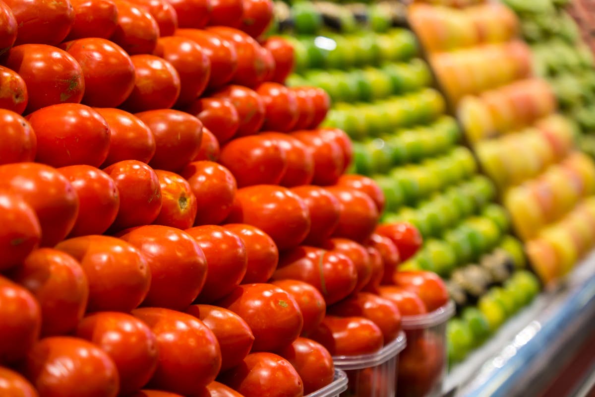 tomato display at a market