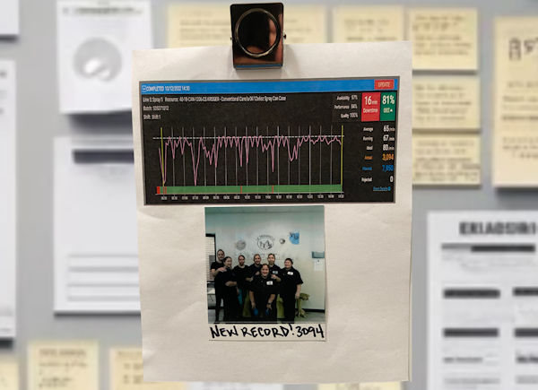Picture of a team and their daily results pinned in the break room