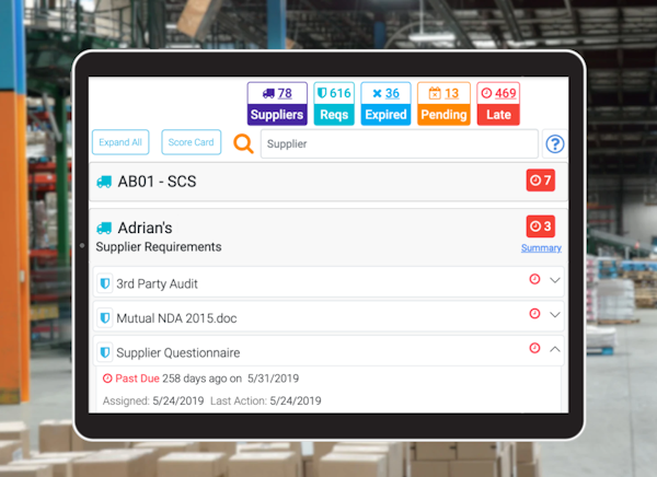 Tablet showing Supplier Compliance Management requirements