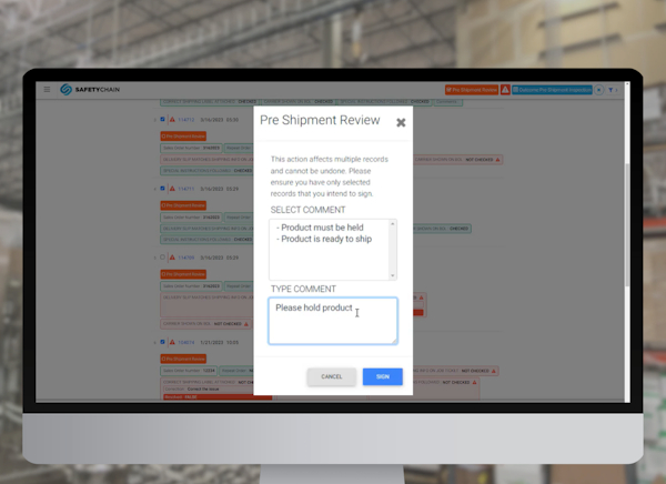 Pre-shipment review form in SafetyChain