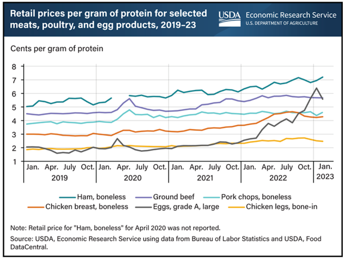 Graph shows retail prices per gram of protein for selected meats, poultry, and egg products from 2019 - 2023.