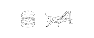 Drawing of a burger next to a grasshopper.