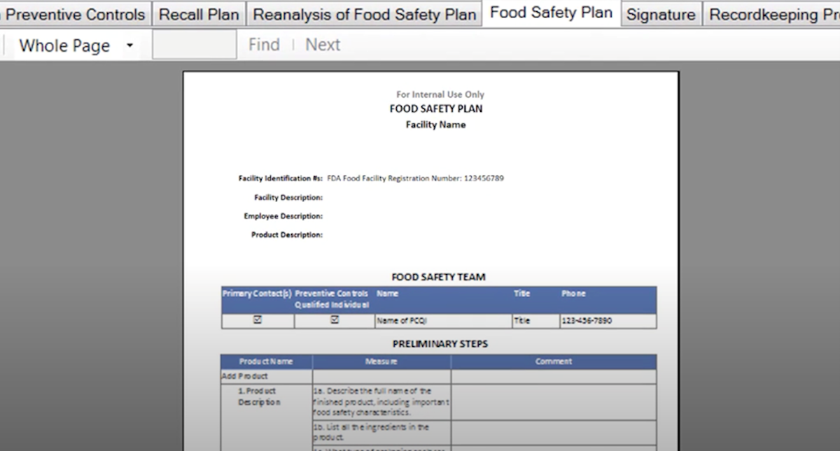 Screenshot of the FDA free software program and guidance, with a template for a food safety plan.r