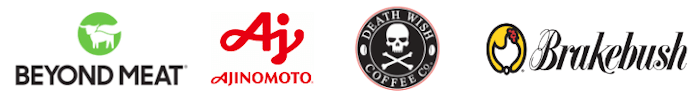 Beyond Meat, Ajinomoto, Death Wish Coffee, & Brakebush logos