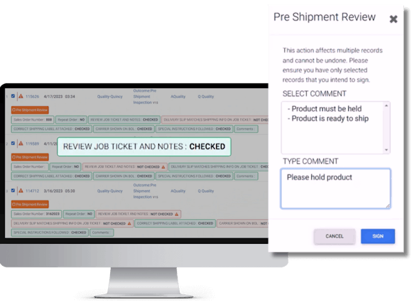 Computer with screen of organized pre-shipment reviews and overdue tasks.