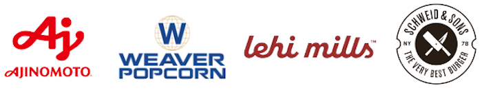 Ajinomoto, Weaver Popcorn, Lehi Mills, & Schweid & Sons logos