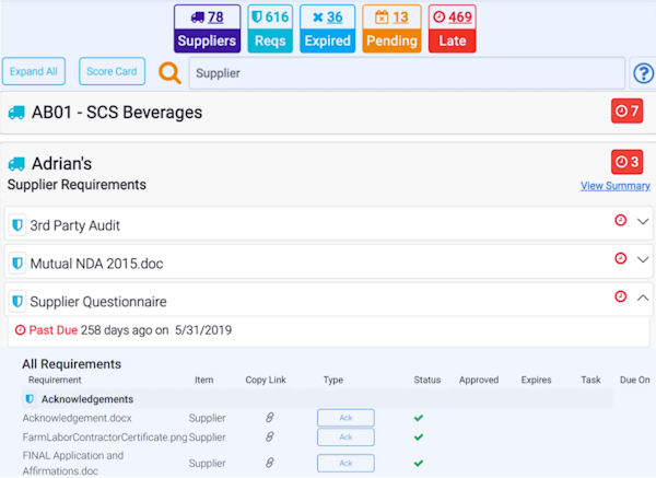 Computer open to Supplier Management requirements in SafetyChain