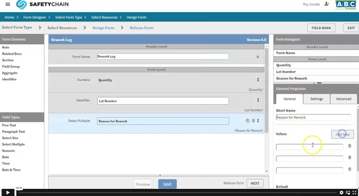 SafetyChain Software Release Form with Rework Log