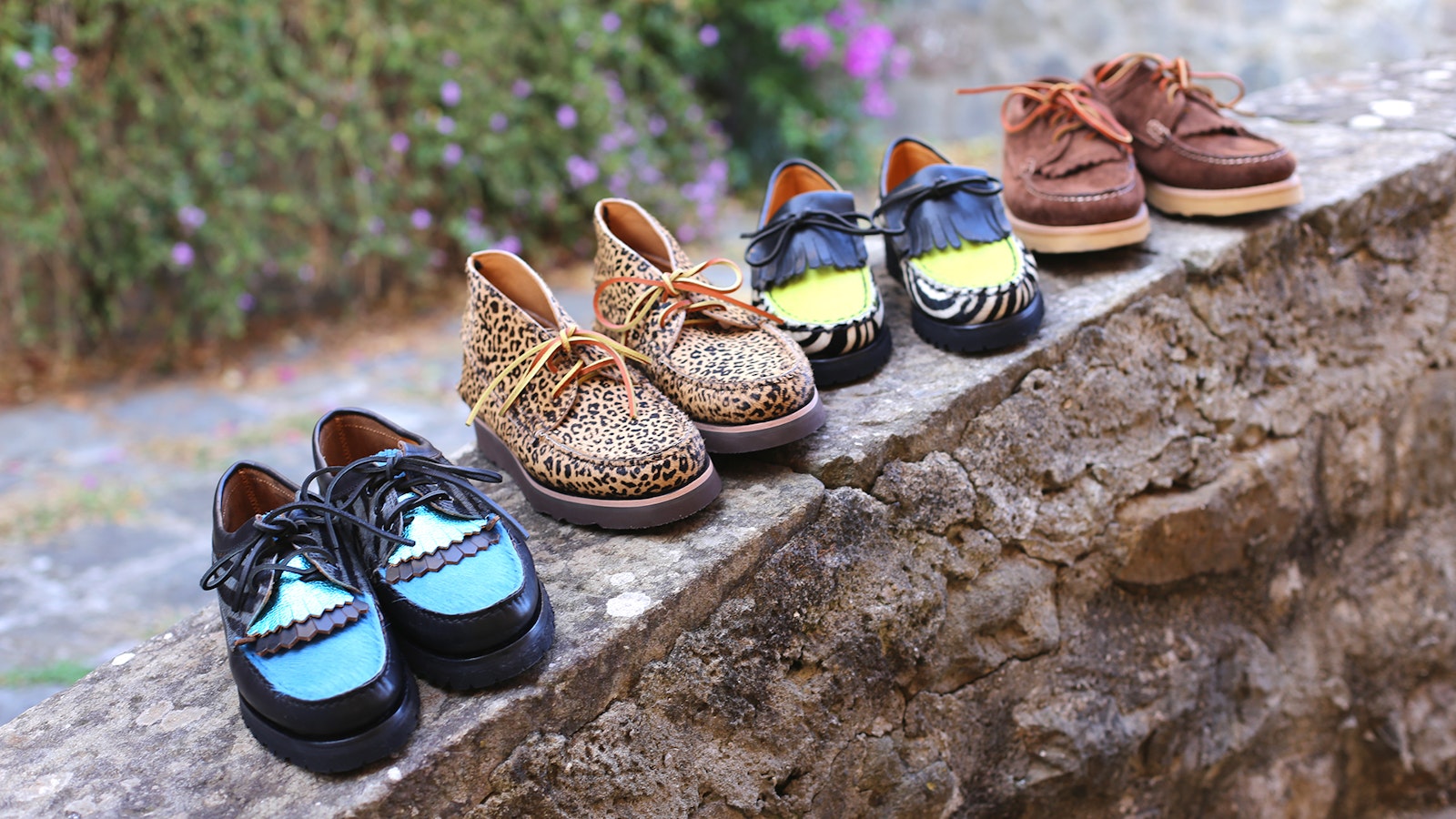 scarpe su misura Lepori collezione unisex su misura personalizzabbili. dalla sinistra Fran pelle chrome excel e cavallino, modello chukka cavallino stampato, mocassino kilt pelle chrome excel e cavallino, fran in pelledi kudu.