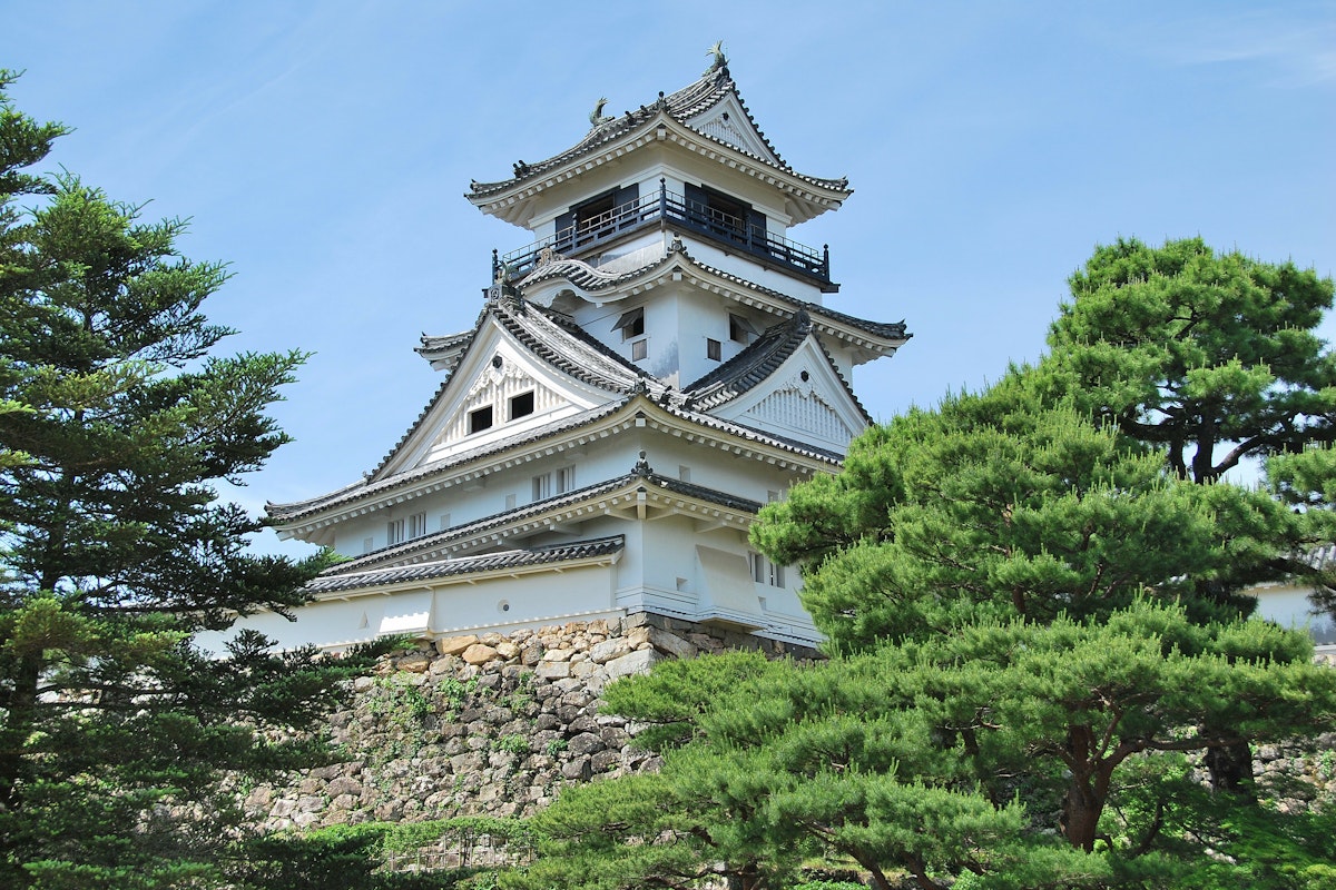 Kochi Castle A white building with trees in the background.