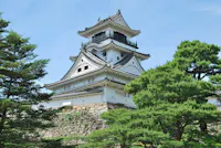A white building with trees in the background.