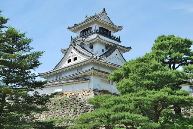 A white building with trees in the background.
