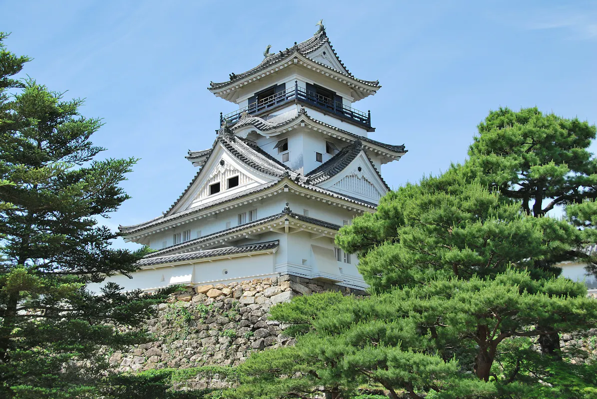 A white building with trees in the background.