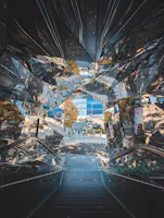Glass-paneled escalators reflect trees, sky, and people outside a modern urban building, creating a kaleidoscopic effect as viewed from the top of the escalator looking down toward the street.