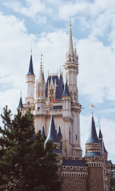 Disneyland A fairytale-style castle with tall spires and blue rooftops rises above green trees under a partly cloudy sky.