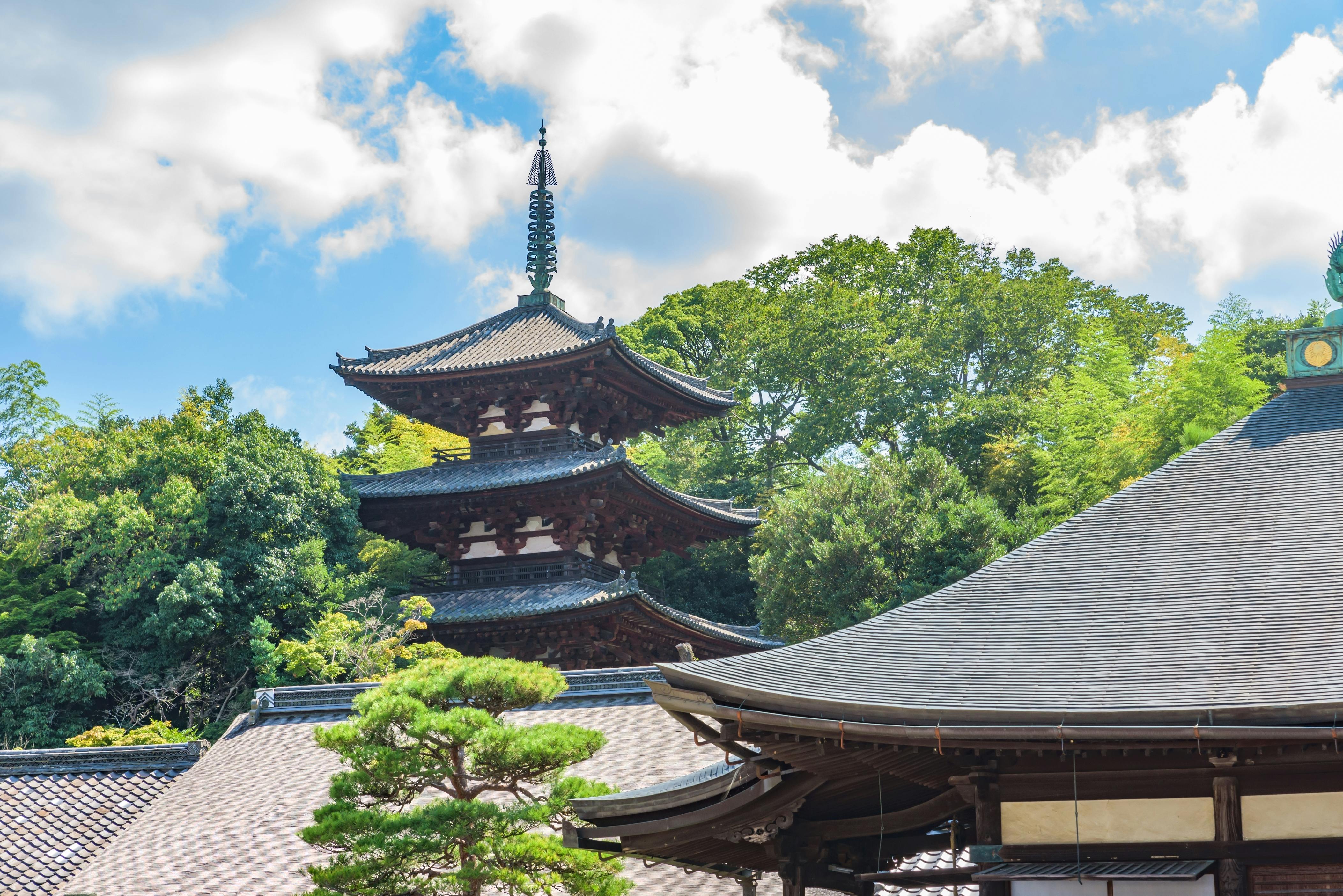 A traditional Japanese temple with a multi-tiered pagoda is surrounded by lush greenery under a bright blue sky with scattered clouds. The scene captures the harmony between architecture and nature.