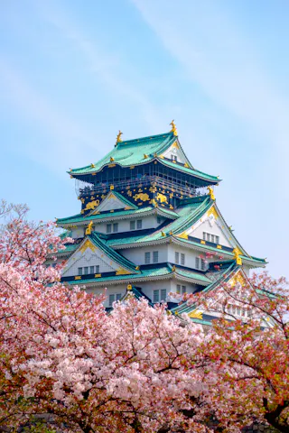 A traditional Japanese castle with green roofs and gold accents stands behind blooming cherry blossom trees under a blue sky.
