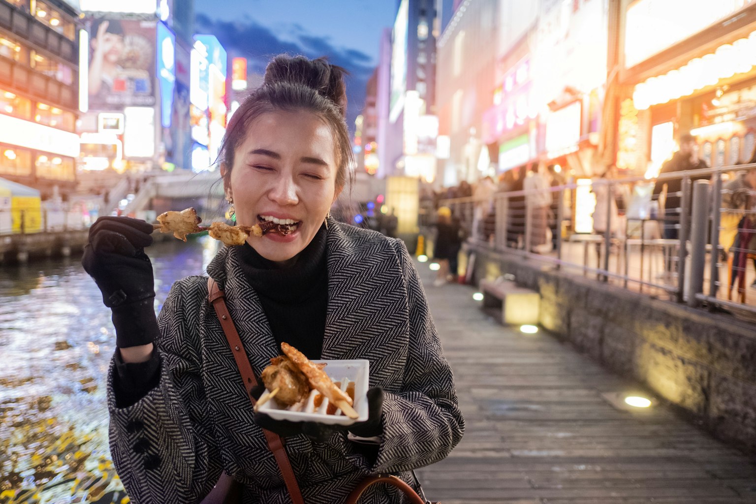 Woman Eating Kushikatsu