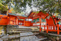 A traditional Japanese Shinto shrine with bright red wooden structures, stone steps, and surrounding trees, illuminated by natural daylight.