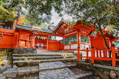A traditional Japanese Shinto shrine with bright red wooden structures, stone steps, and surrounding trees, illuminated by natural daylight.