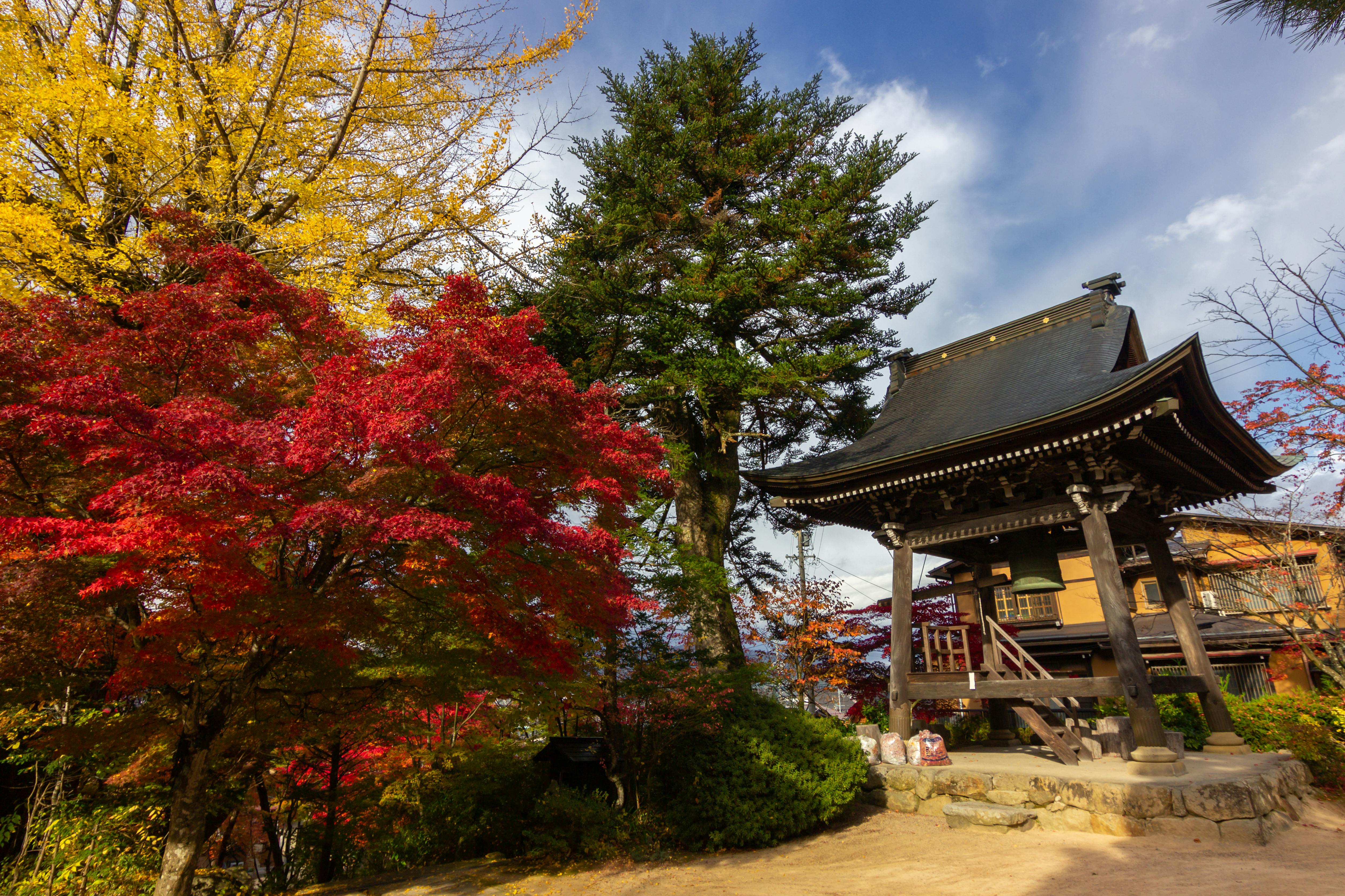 A traditional Japanese bell tower stands beside vibrant autumn foliage, with red and yellow leaves under a partly cloudy blue sky. The scene is peaceful and bathed in warm sunlight.
