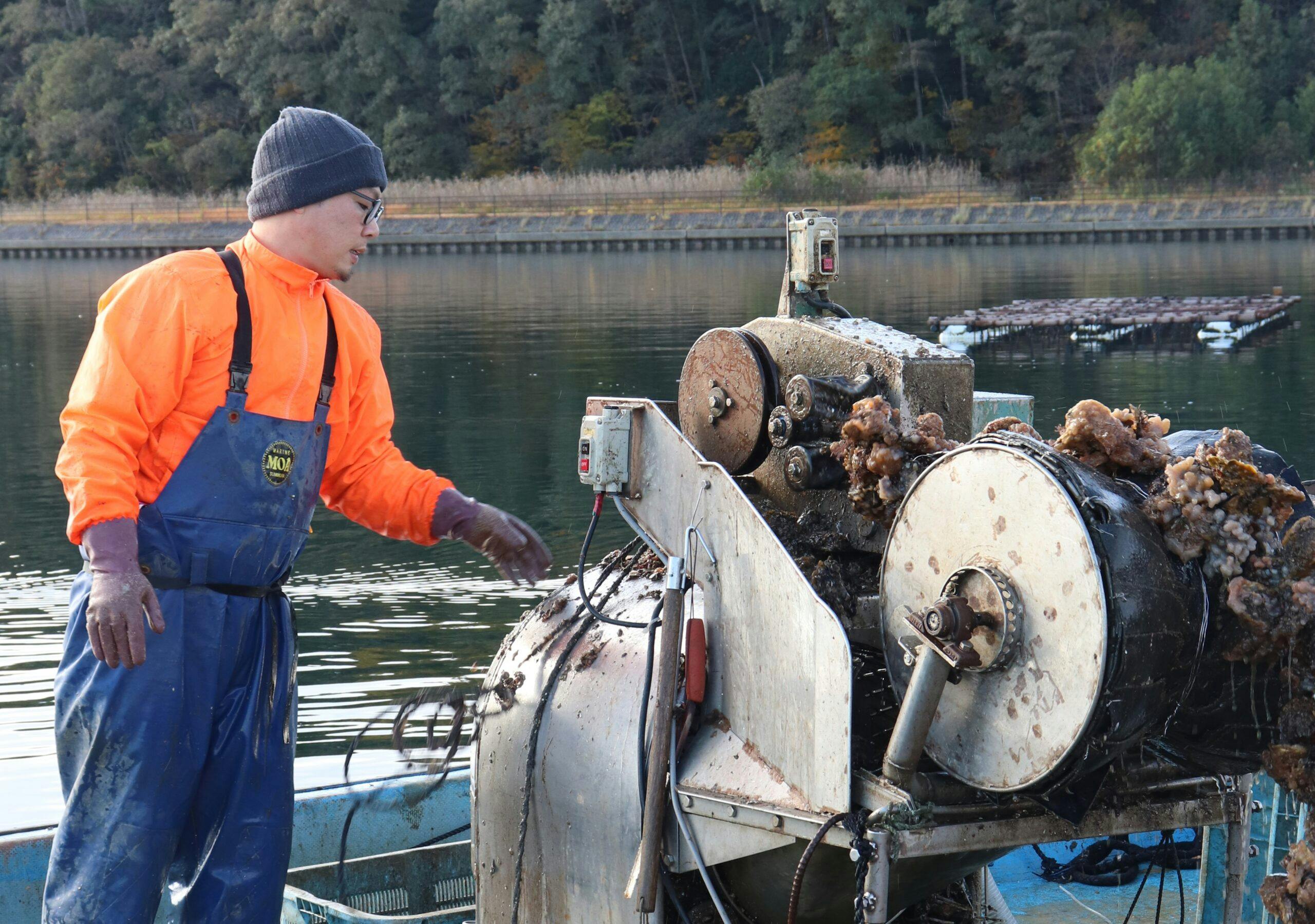 A person in an orange shirt and blue overalls operates machinery on a boat, harvesting shellfish from the water with a wooded shoreline in the background.
