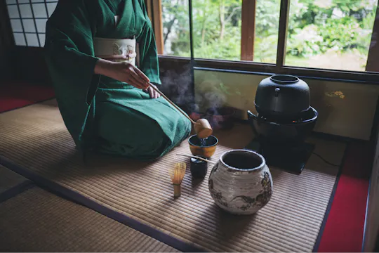 A person in a green kimono prepares tea on a tatami mat, using traditional Japanese tea ceremony utensils, with steam rising and a garden visible through the window.