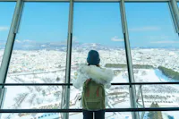 A person wearing a green backpack, winter coat, and blue beanie stands at a large glass window, overlooking a snowy cityscape with distant mountains under a clear sky.