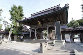 A traditional Japanese temple gate with intricate wooden carvings stands at the entrance, flanked by stone pillars and surrounded by trees and signs.