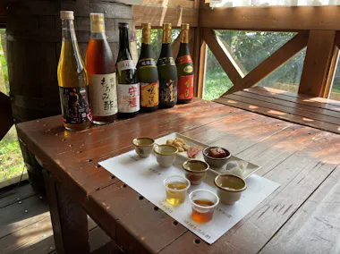 A wooden table displays several bottles of Japanese sake at the back, with small cups of sake and snacks arranged on a white paper mat in the foreground. Sunlight streams through windows in the cozy setting.