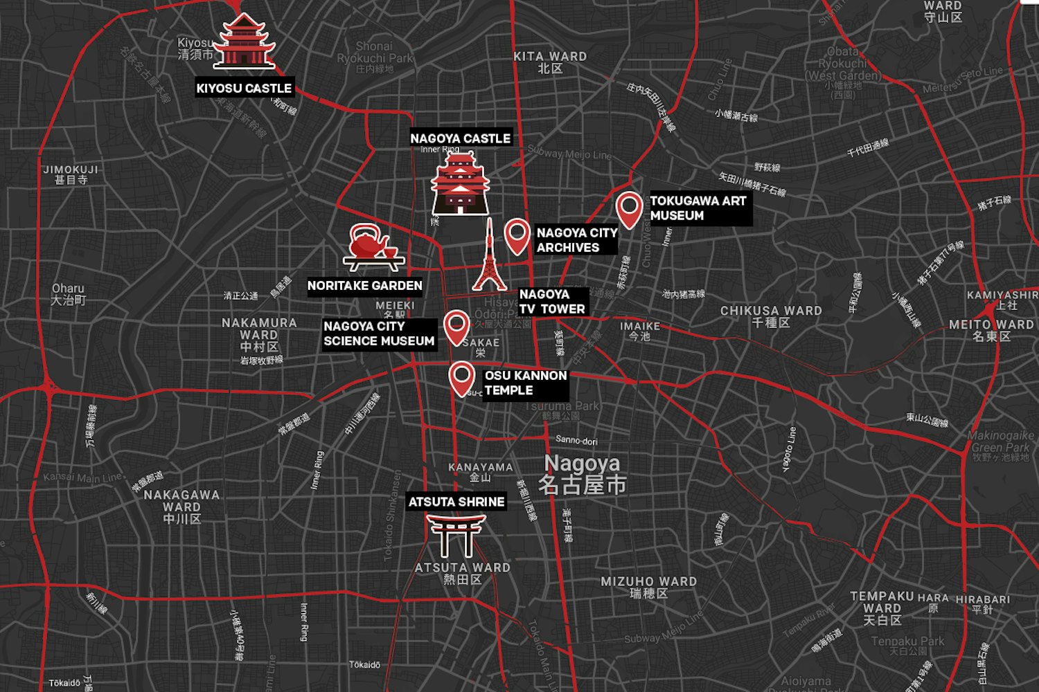 Map of Tourist Attractions in Nagoya