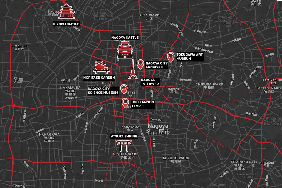 一幅深色主题的地图，突显日本名古屋的著名地标。标记的地点包括名古屋城、清洲城、诺里塔克花园、名古屋市科学博物馆、名古屋电视塔、大须观音寺、热田神社、德川美术馆和名古屋市档案馆。