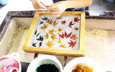 A person arranges colorful autumn leaves on wet paper inside a wooden frame, possibly making handmade paper; buckets with plant materials are nearby.