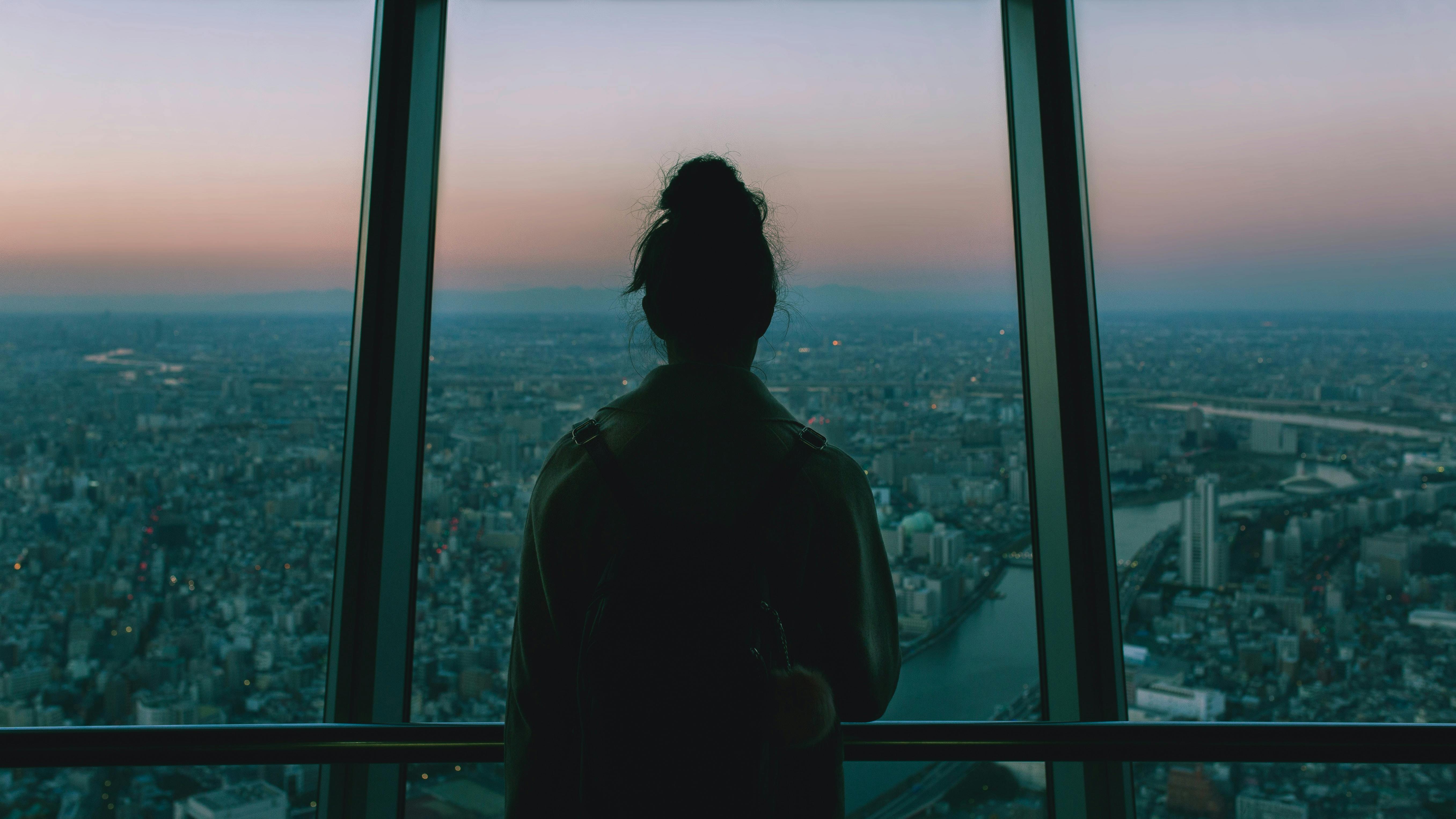 A person with a bun and backpack stands inside a tall building, looking out through large windows at a cityscape at dawn or dusk, with soft light and a river visible in the distance.
