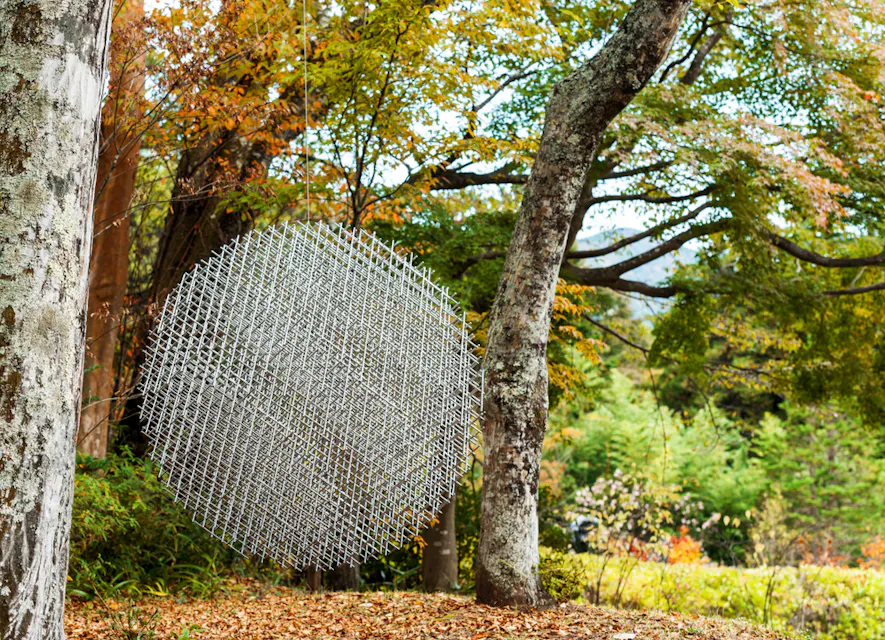 秋色の葉が地面に広がる森の中、木々の間に吊るされた、絡み合ったワイヤーで構成された球形の金属彫刻。彫刻は精巧で幾何学的に見え、自然の環境の中に位置している。