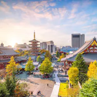 Tokyo's Hidden Historical Districts A panoramic view of Senso-ji Temple in Tokyo, Japan, with its iconic pagoda and ornate main hall surrounded by trees. People stroll through the temple grounds on a sunny day, with modern city buildings visible in the background.