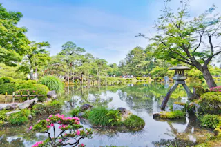 A tranquil Japanese garden featuring a pond surrounded by lush greenery, blooming pink flowers, manicured trees, and a traditional stone lantern under a bright blue sky.