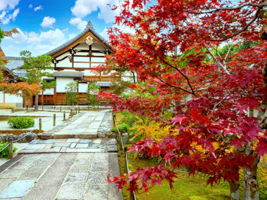 A traditional Japanese building with a tiled roof sits behind a stone pathway, surrounded by colorful autumn trees with vibrant red and orange leaves under a blue sky with scattered clouds.