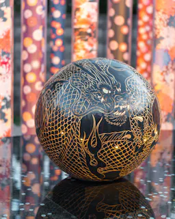A black decorative sphere with a detailed golden dragon design sits on a reflective surface, with vibrant, patterned columns featuring orange and pink circles in the blurred background.