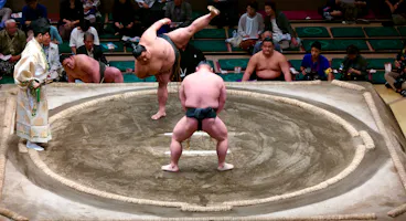 Two sumo wrestlers compete in a ring as one lifts his leg high before charging, surrounded by other wrestlers, officials, and audience members watching the match.