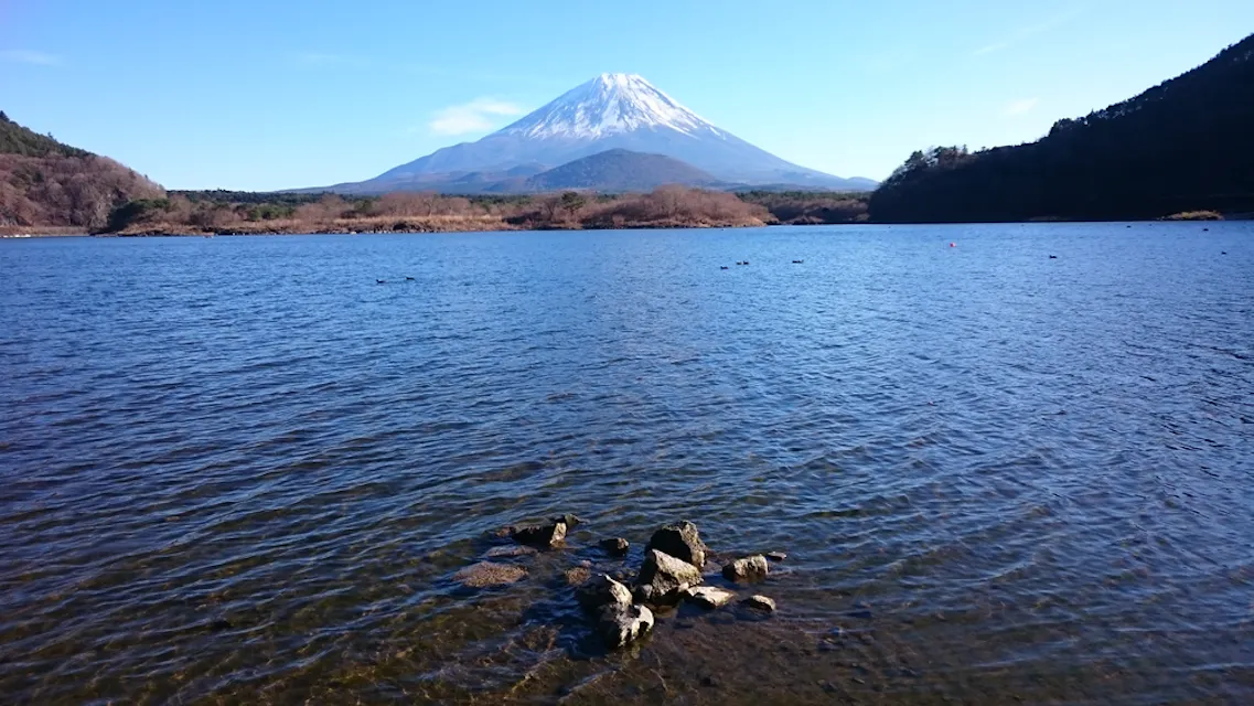 A tranquil lake with a cluster of rocks in the foreground, surrounded by sparse vegetation. In the backdrop, an iconic snow-capped mountain rises under a clear blue sky, with foothills covered in dark green foliage.
