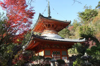 A traditional Japanese pagoda with ornate details stands amid vibrant autumn foliage and lush greenery under a clear sky.